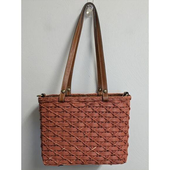 Patricia Nash Wicker Straw Weave Purse Handbag Orange Brown Leather - Picture 1 of 12